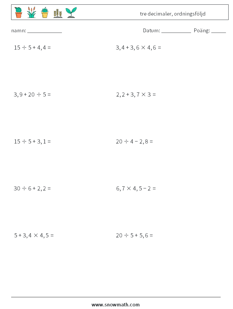 (10) tre decimaler, ordningsföljd Matematiska arbetsblad 11