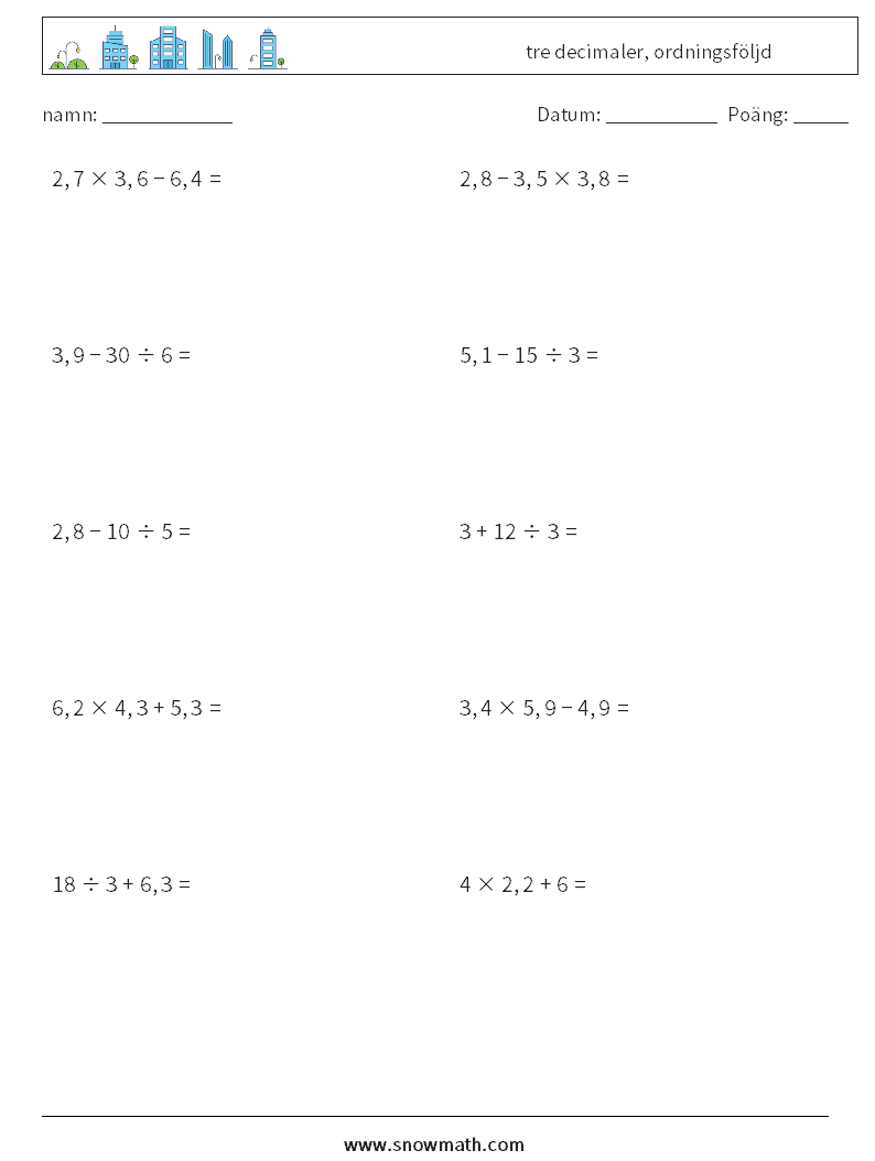 (10) tre decimaler, ordningsföljd Matematiska arbetsblad 14