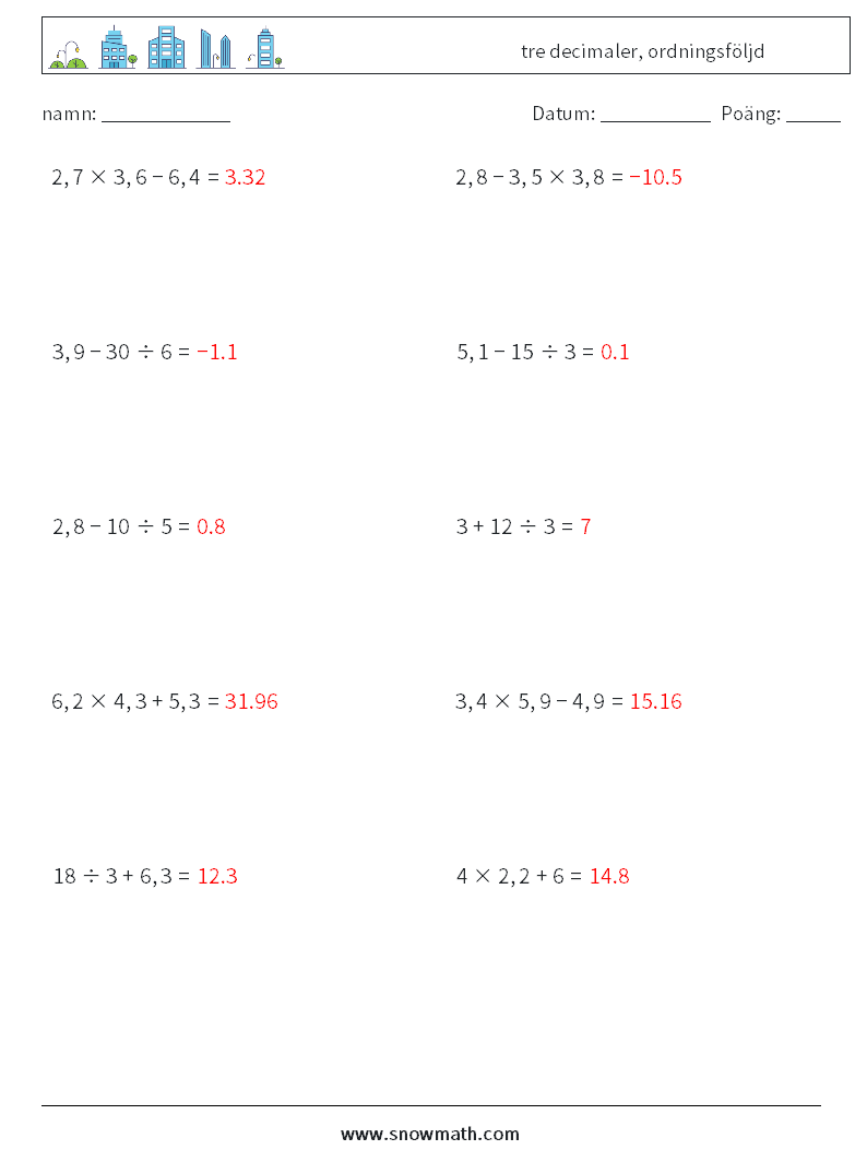 (10) tre decimaler, ordningsföljd Matematiska arbetsblad 14 Fråga, svar