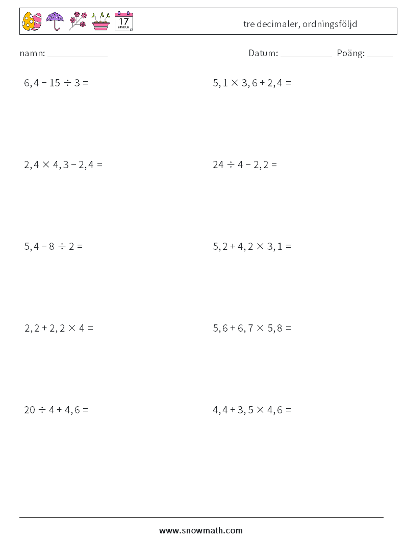 (10) tre decimaler, ordningsföljd Matematiska arbetsblad 15