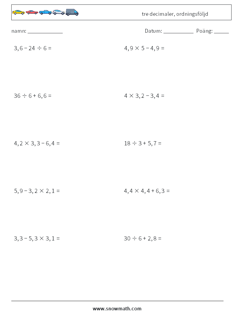(10) tre decimaler, ordningsföljd Matematiska arbetsblad 16