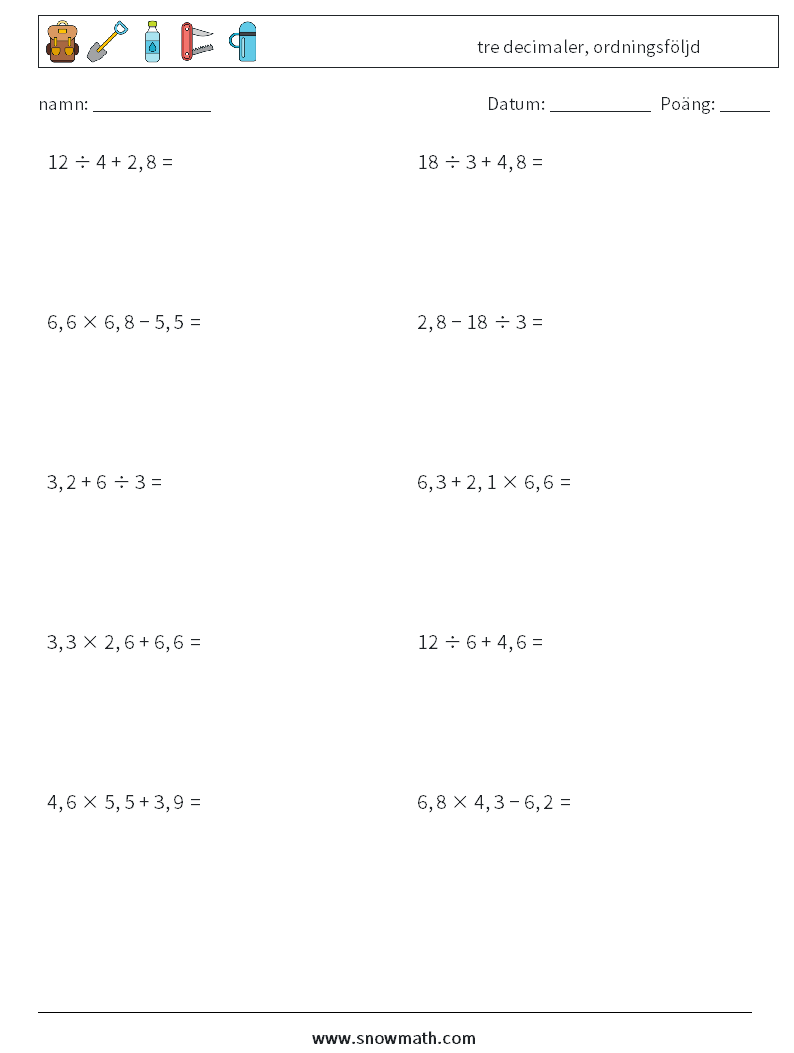 (10) tre decimaler, ordningsföljd Matematiska arbetsblad 17