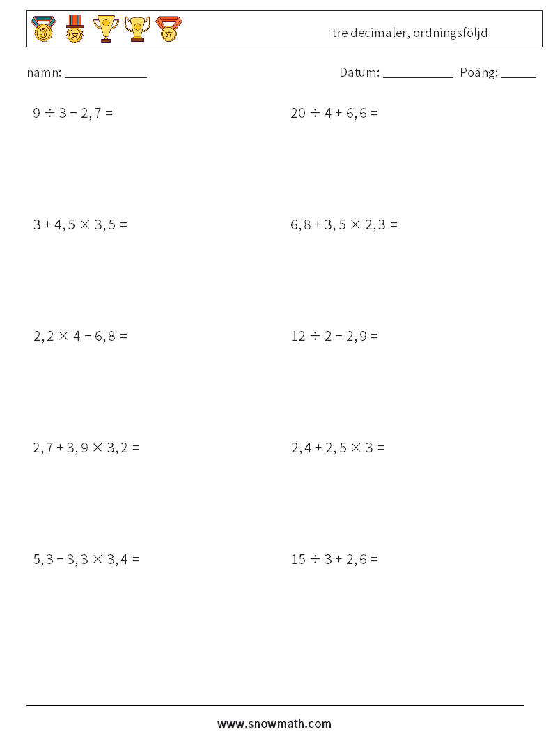 (10) tre decimaler, ordningsföljd Matematiska arbetsblad 18