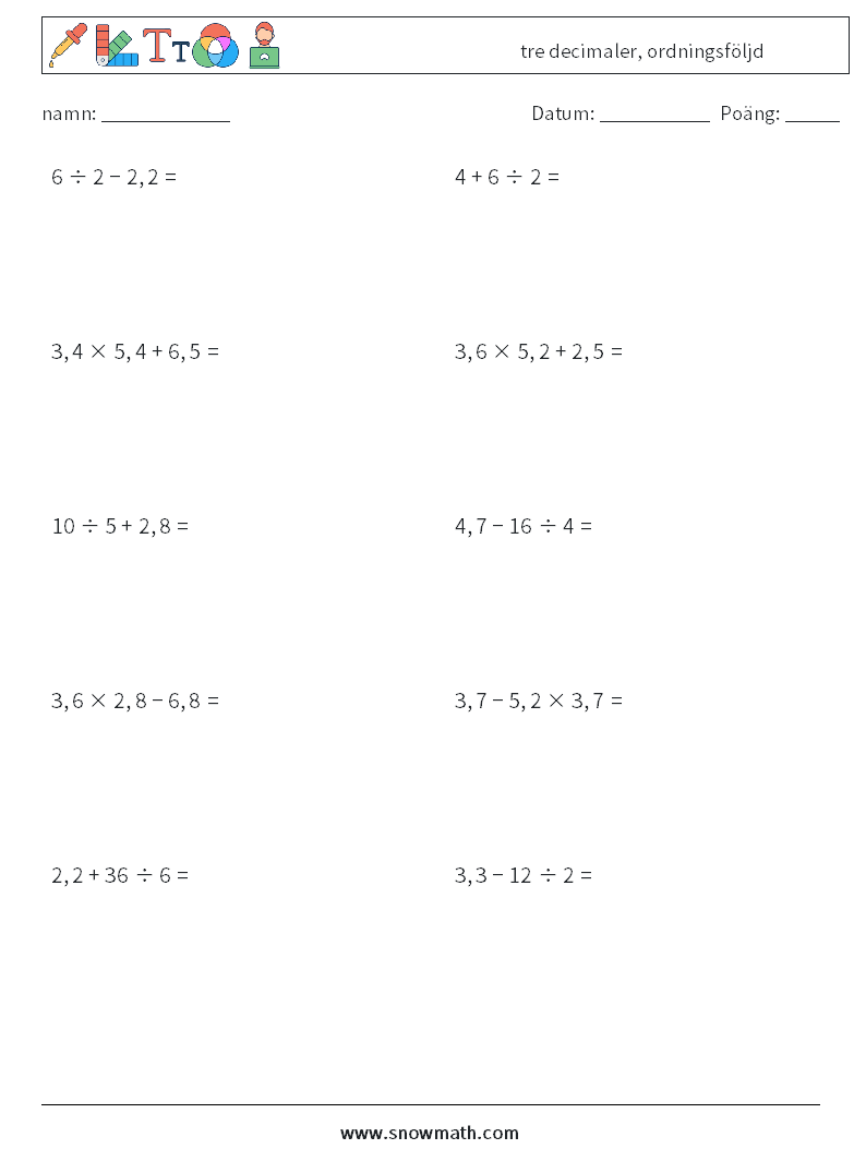 (10) tre decimaler, ordningsföljd Matematiska arbetsblad 4