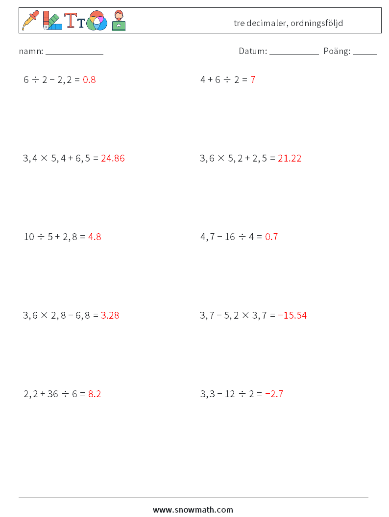 (10) tre decimaler, ordningsföljd Matematiska arbetsblad 4 Fråga, svar