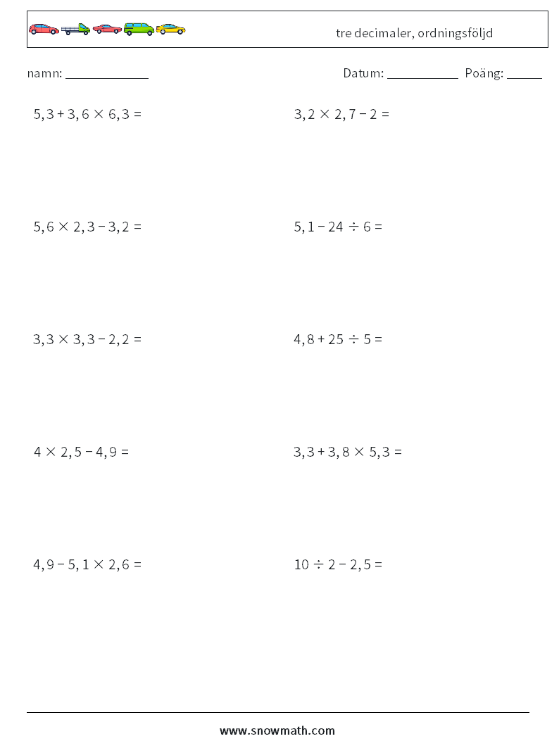 (10) tre decimaler, ordningsföljd Matematiska arbetsblad 5