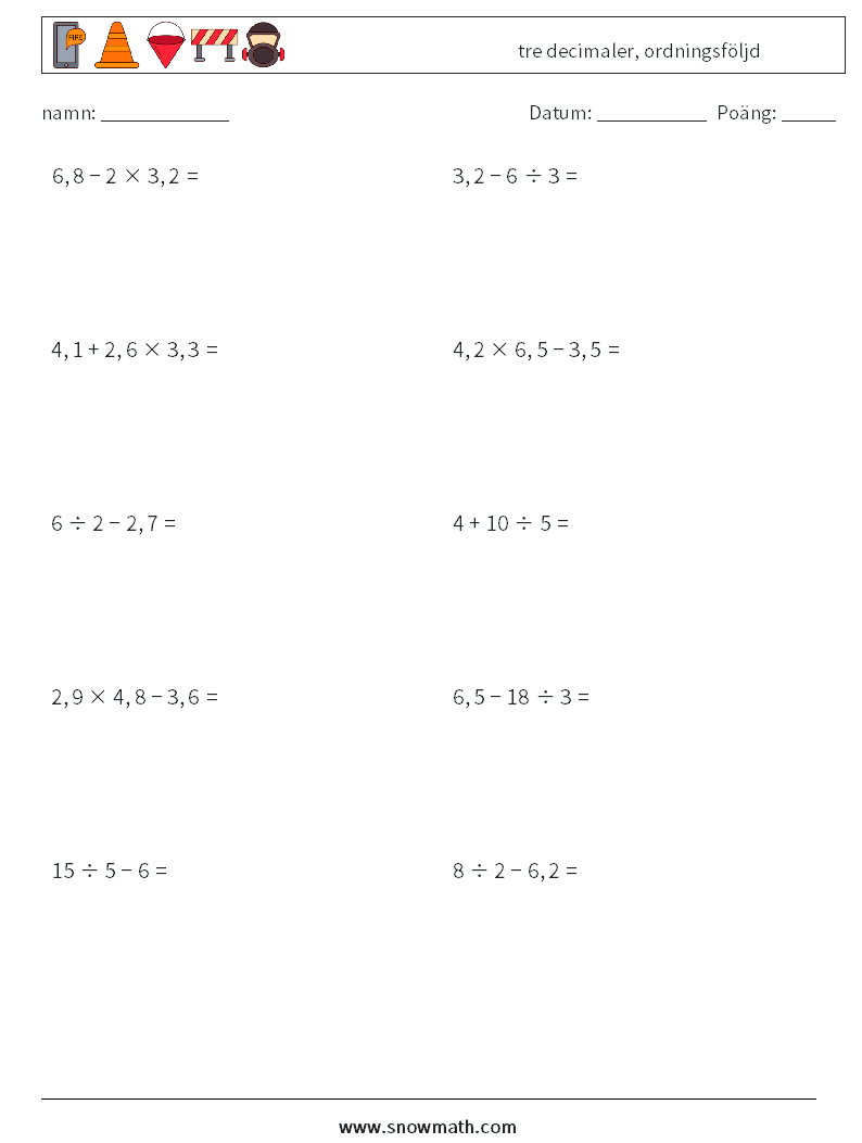 (10) tre decimaler, ordningsföljd Matematiska arbetsblad 9