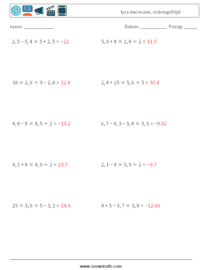 (10) fyra decimaler, ordningsföljd Matematiska arbetsblad 12 Fråga, svar