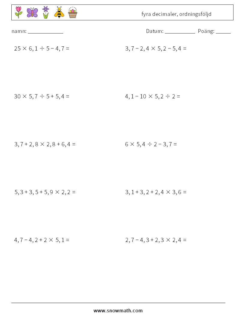 (10) fyra decimaler, ordningsföljd Matematiska arbetsblad 13