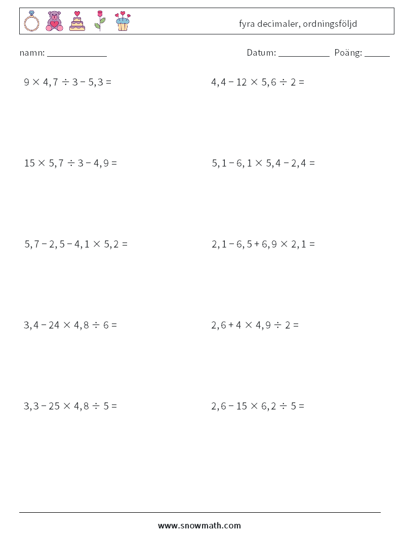 (10) fyra decimaler, ordningsföljd Matematiska arbetsblad 14