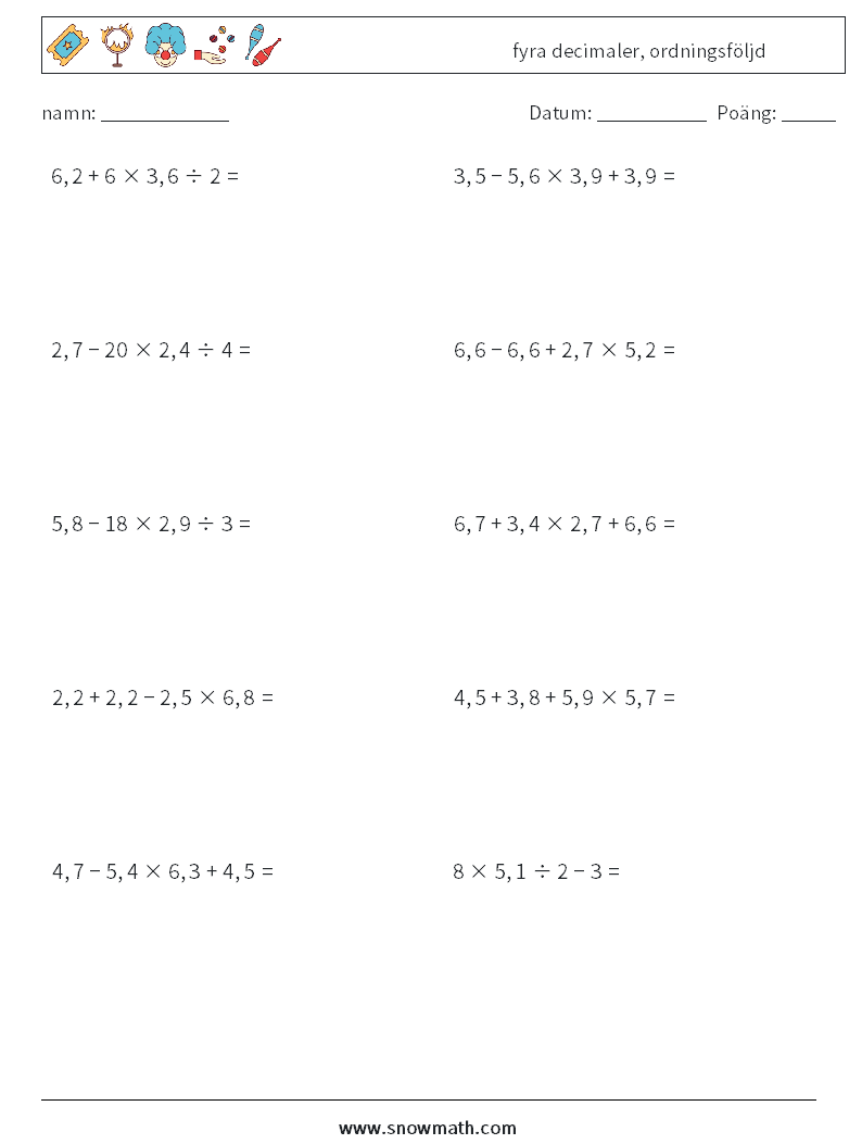 (10) fyra decimaler, ordningsföljd Matematiska arbetsblad 16