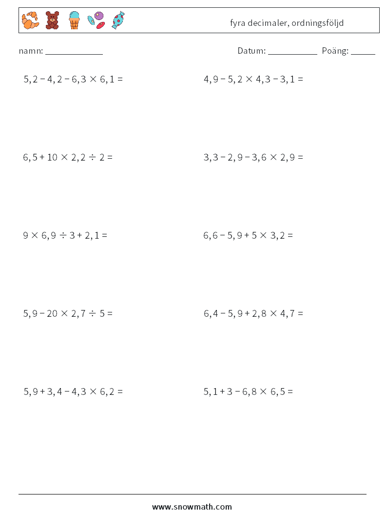 (10) fyra decimaler, ordningsföljd Matematiska arbetsblad 18