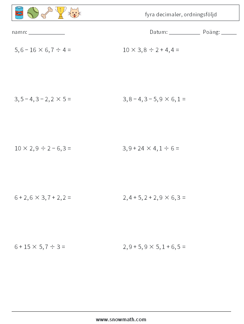 (10) fyra decimaler, ordningsföljd Matematiska arbetsblad 2