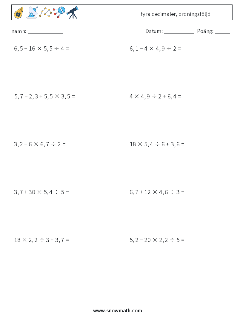 (10) fyra decimaler, ordningsföljd Matematiska arbetsblad 3