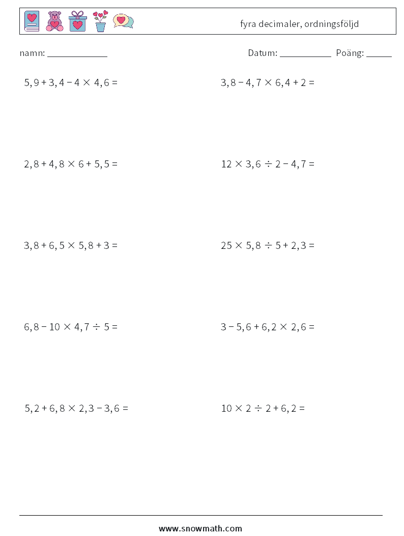(10) fyra decimaler, ordningsföljd Matematiska arbetsblad 4