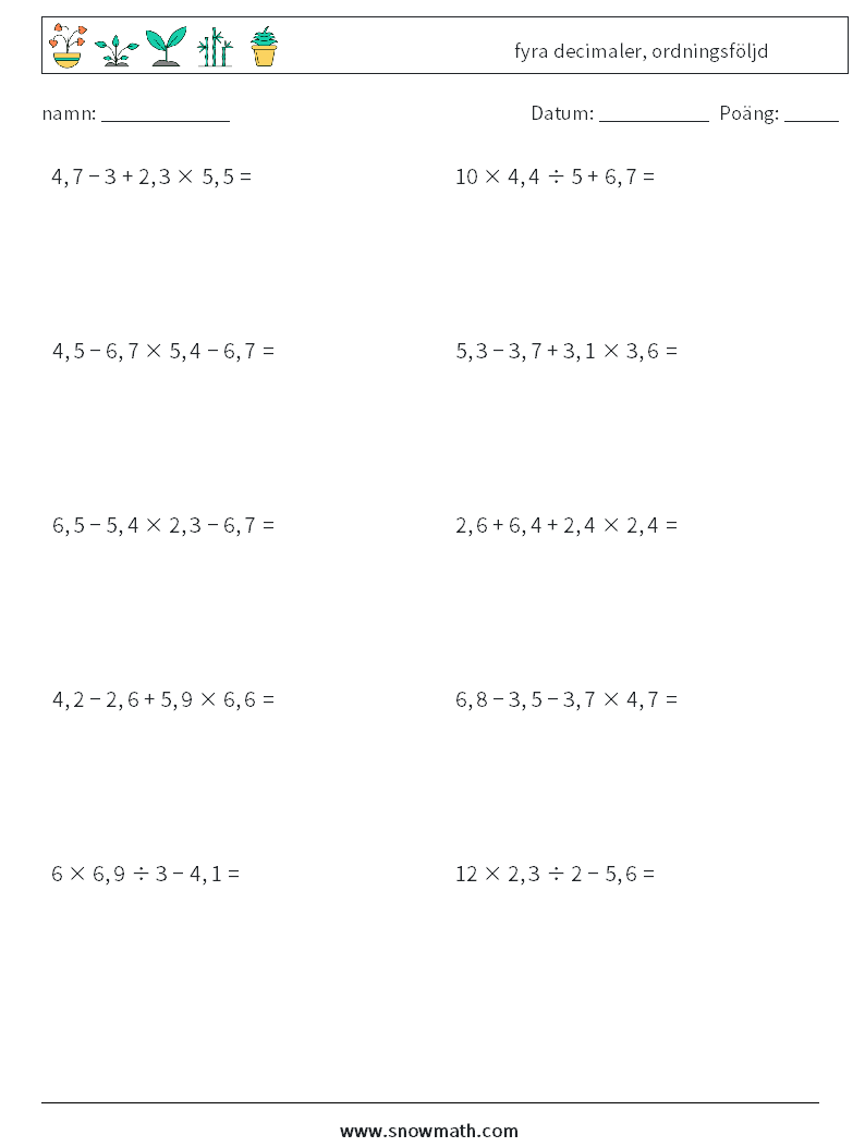 (10) fyra decimaler, ordningsföljd Matematiska arbetsblad 5