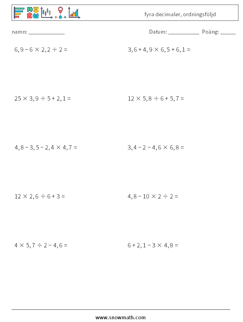 (10) fyra decimaler, ordningsföljd Matematiska arbetsblad 6