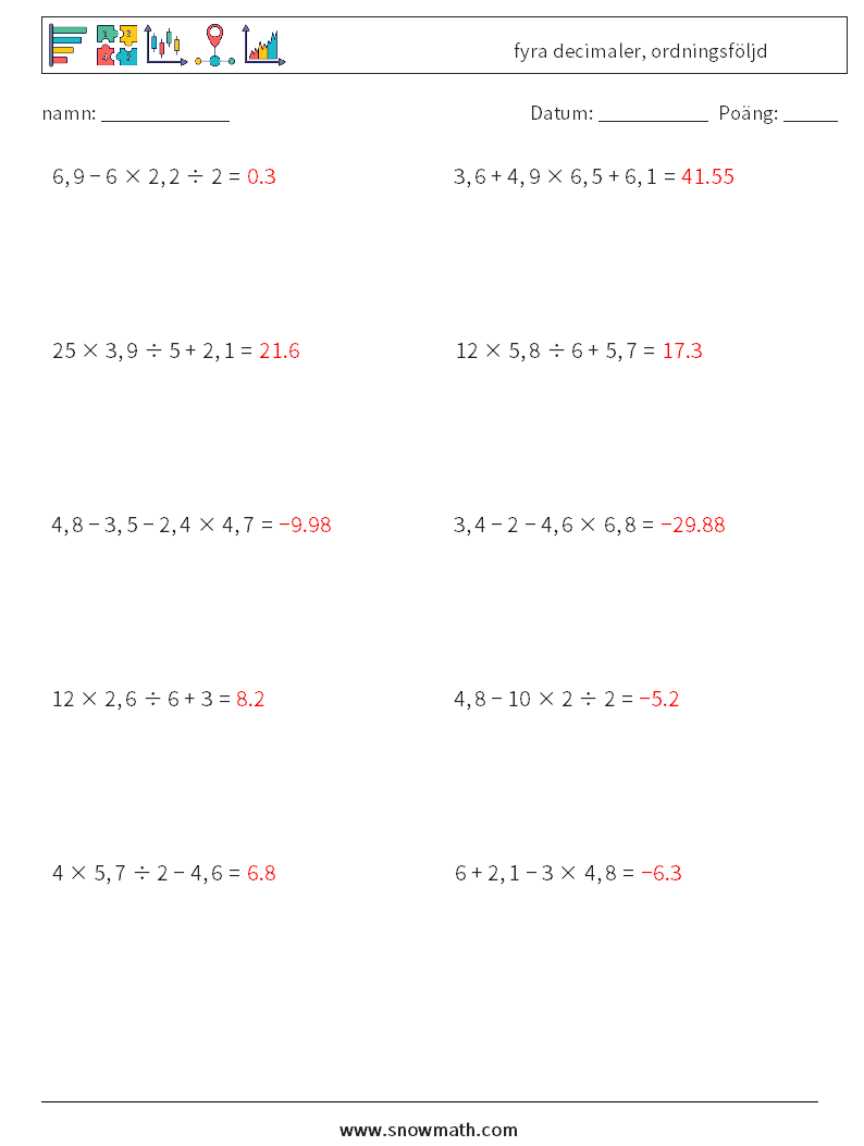 (10) fyra decimaler, ordningsföljd Matematiska arbetsblad 6 Fråga, svar