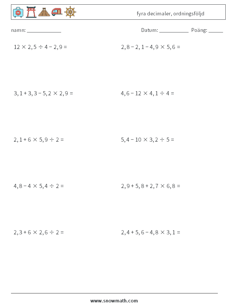 (10) fyra decimaler, ordningsföljd Matematiska arbetsblad 7