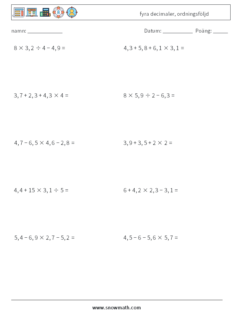(10) fyra decimaler, ordningsföljd Matematiska arbetsblad 8