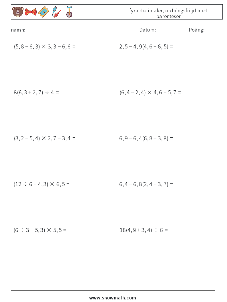 (10) fyra decimaler, ordningsföljd med parenteser Matematiska arbetsblad 12