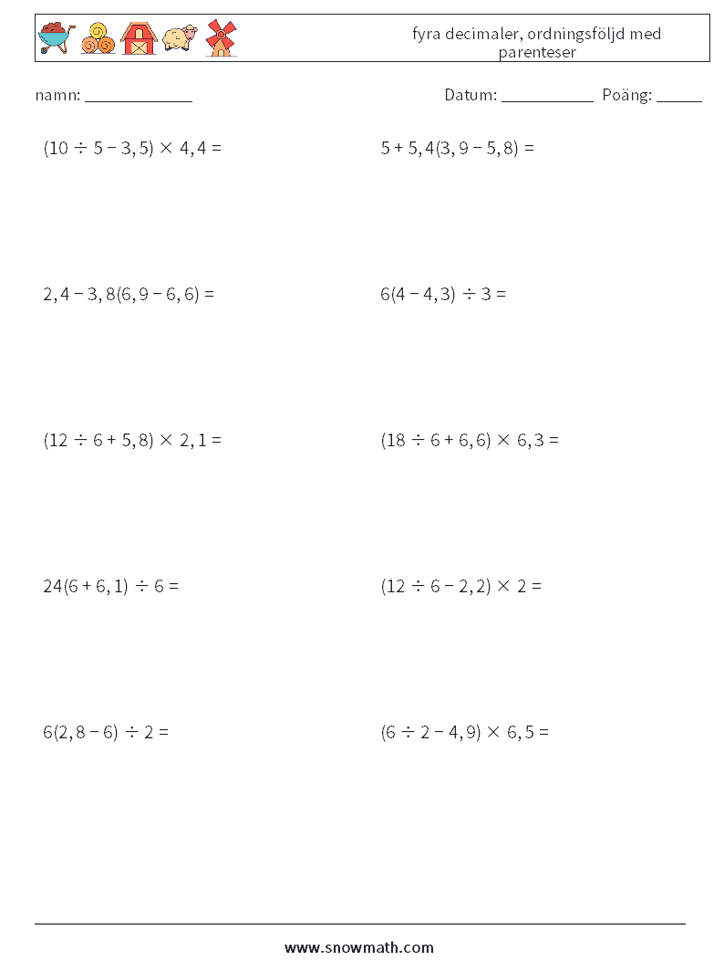 (10) fyra decimaler, ordningsföljd med parenteser Matematiska arbetsblad 13