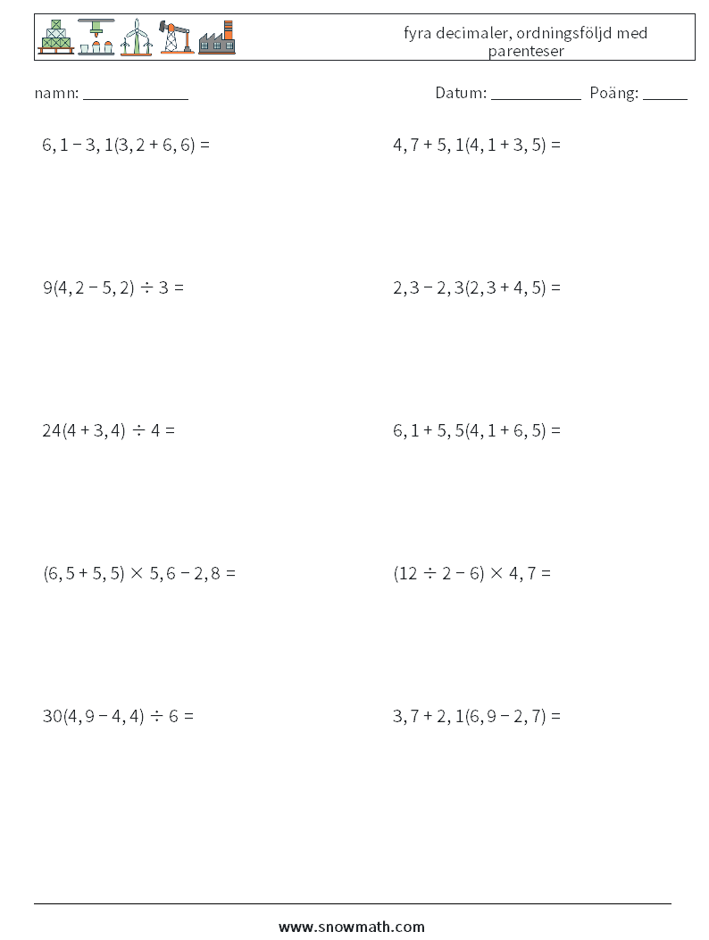 (10) fyra decimaler, ordningsföljd med parenteser Matematiska arbetsblad 17