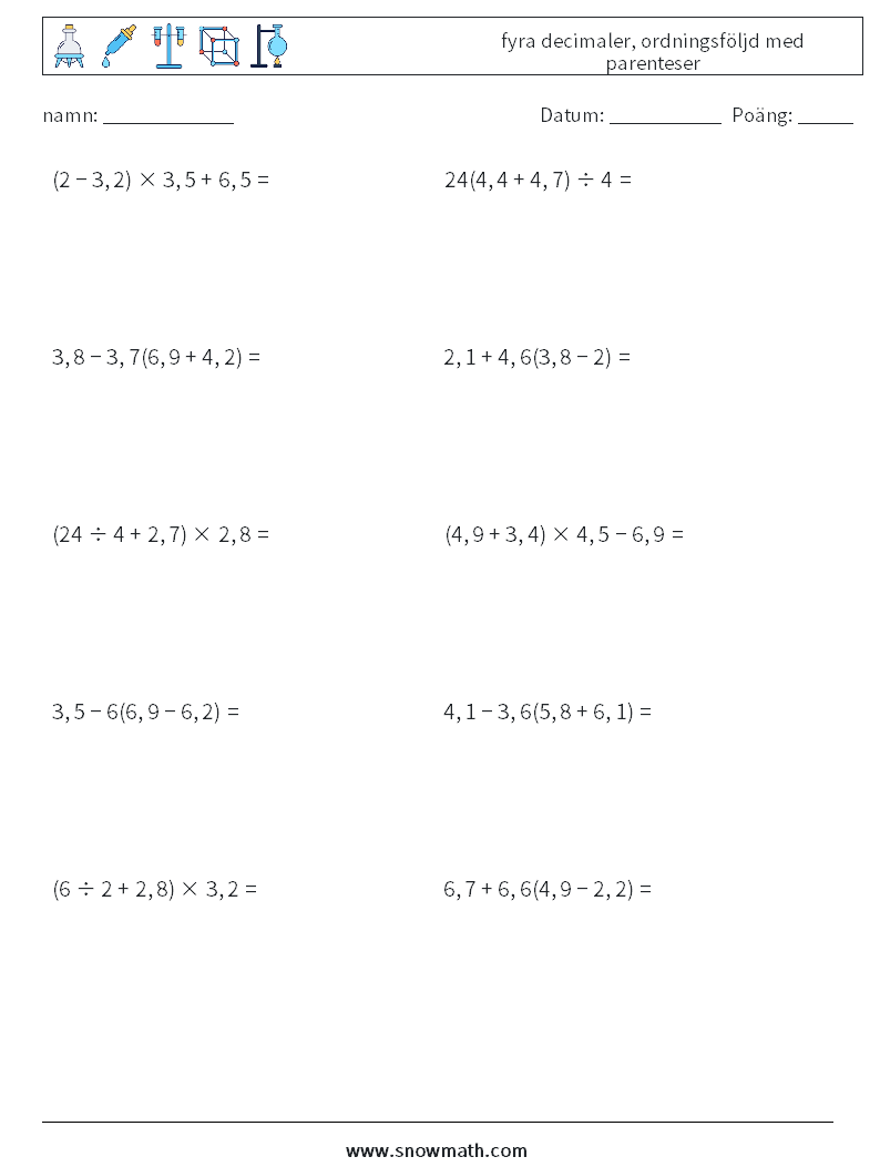 (10) fyra decimaler, ordningsföljd med parenteser Matematiska arbetsblad 9