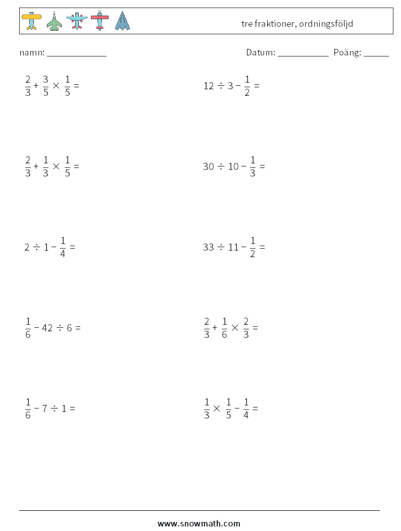 (10) tre fraktioner, ordningsföljd Matematiska arbetsblad 11