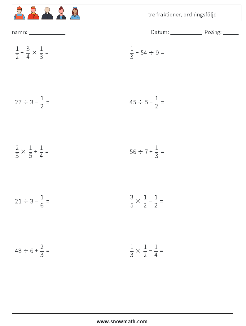 (10) tre fraktioner, ordningsföljd Matematiska arbetsblad 13