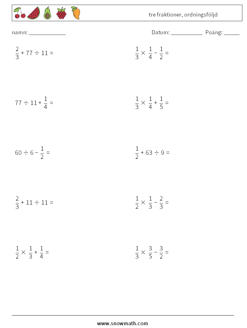 (10) tre fraktioner, ordningsföljd Matematiska arbetsblad 3