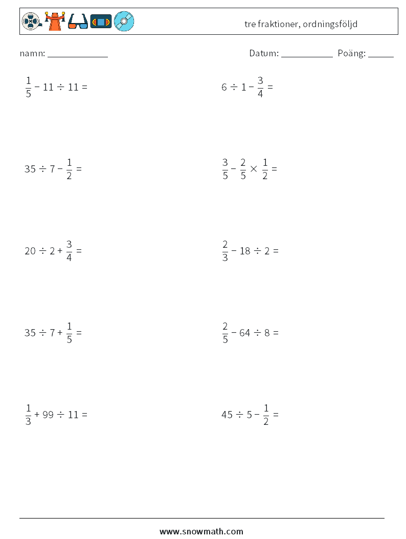(10) tre fraktioner, ordningsföljd Matematiska arbetsblad 4