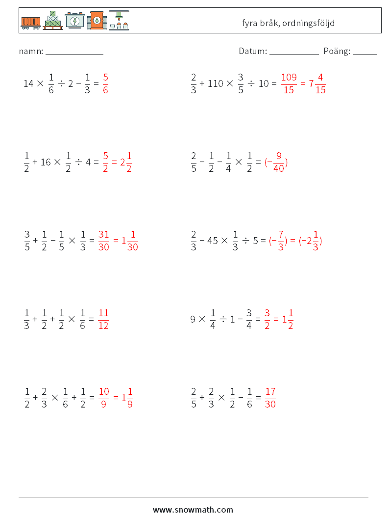 (10) fyra bråk, ordningsföljd Matematiska arbetsblad 11 Fråga, svar