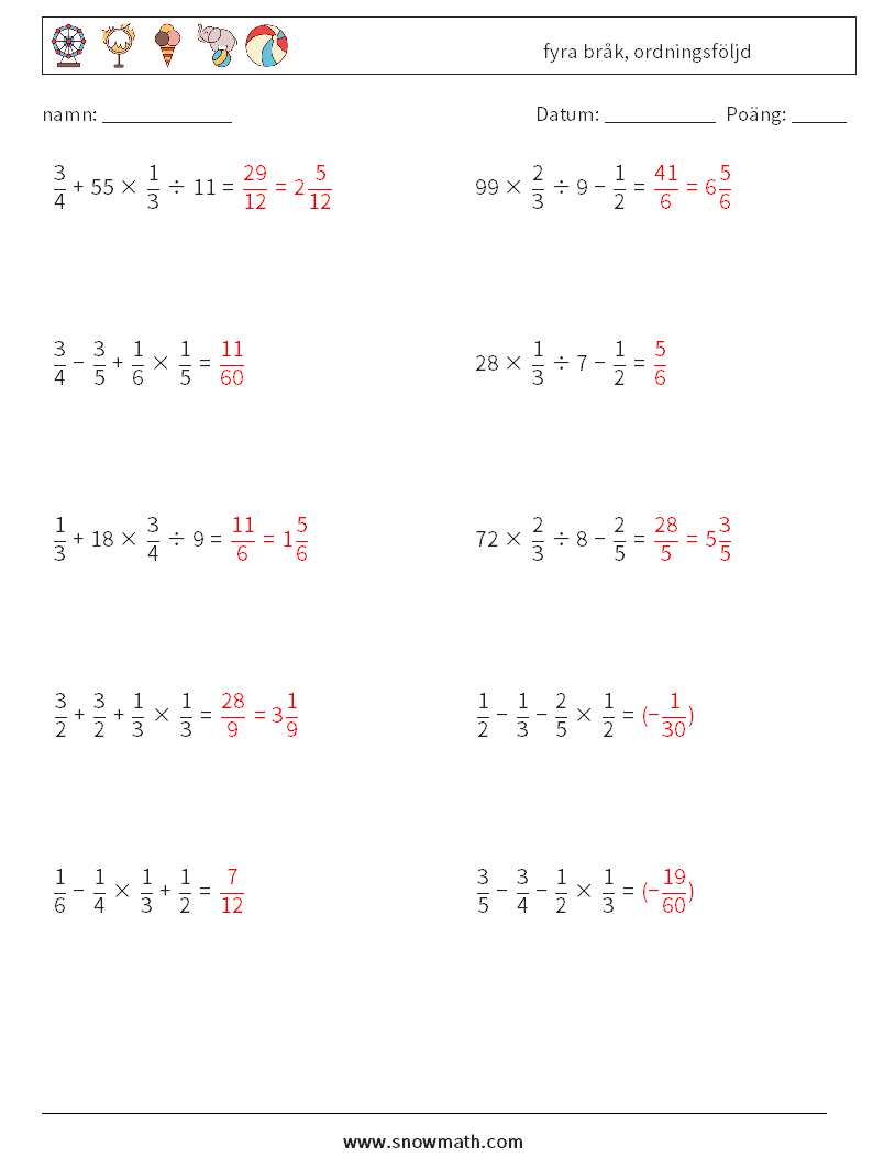 (10) fyra bråk, ordningsföljd Matematiska arbetsblad 15 Fråga, svar