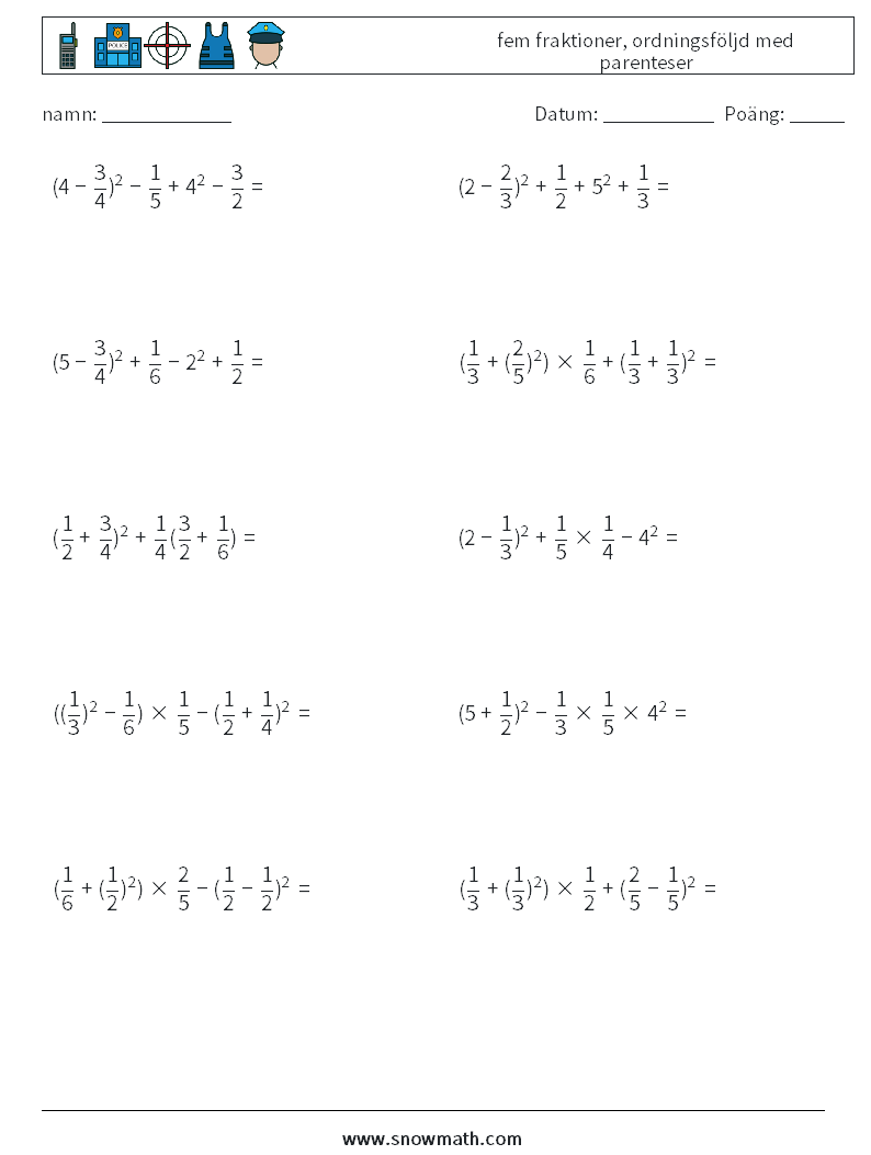 (10) fem fraktioner, ordningsföljd med parenteser Matematiska arbetsblad 13