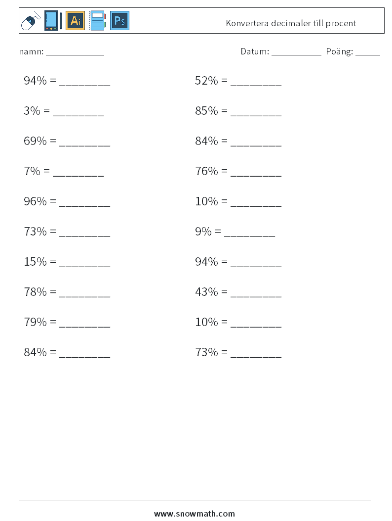 Konvertera decimaler till procent Matematiska arbetsblad 1