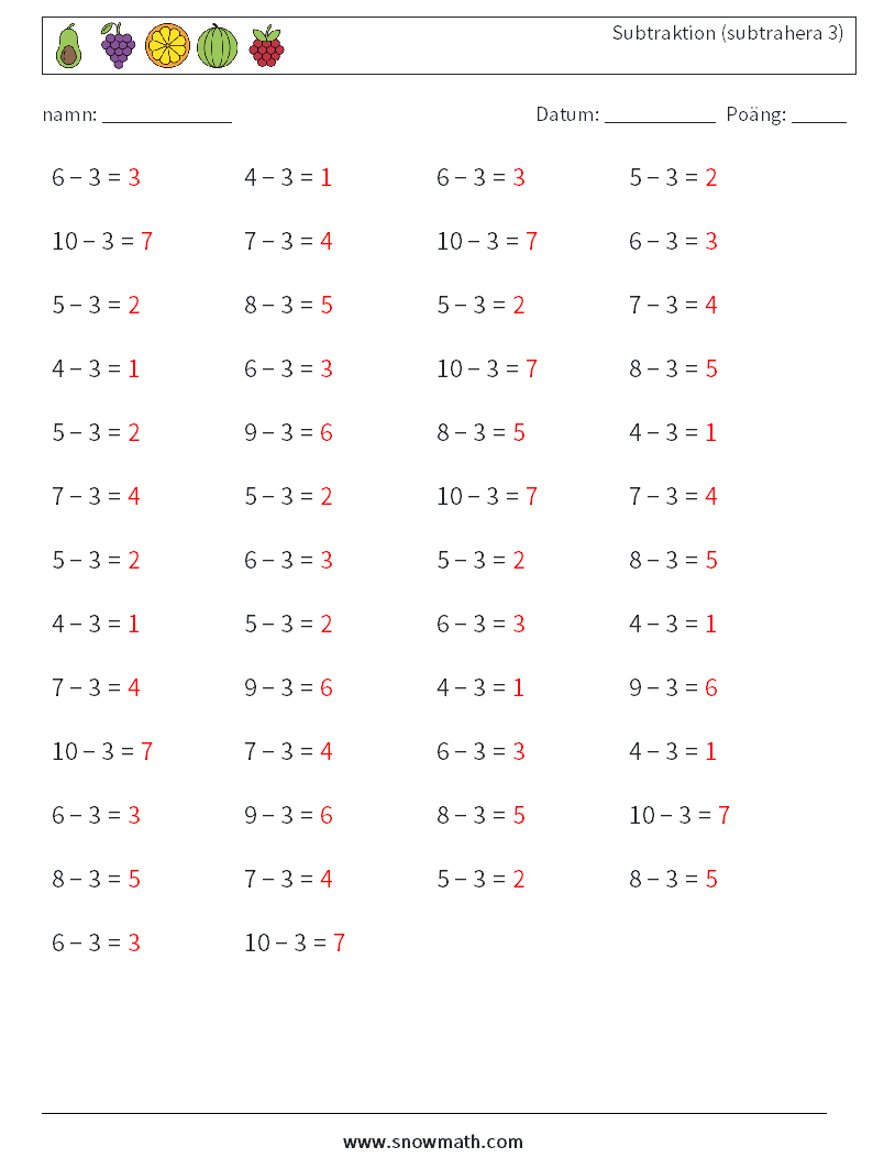 (50) Subtraktion (subtrahera 3) Matematiska arbetsblad 3 Fråga, svar