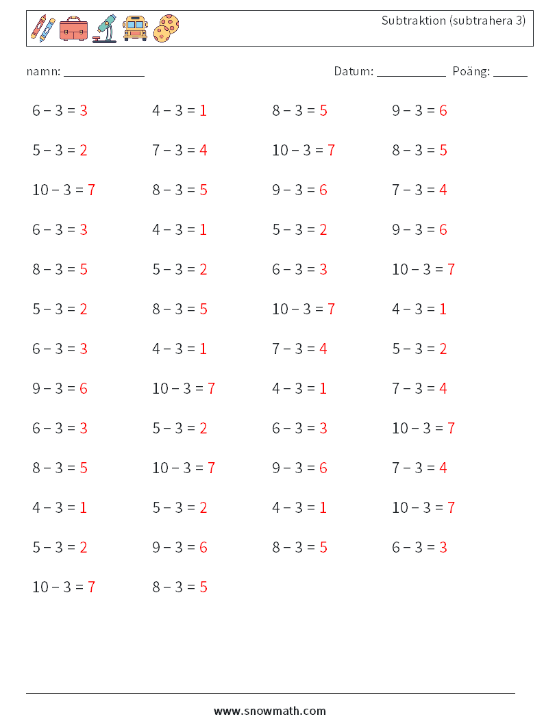 (50) Subtraktion (subtrahera 3) Matematiska arbetsblad 4 Fråga, svar