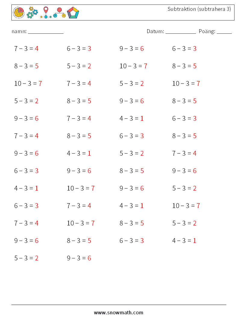 (50) Subtraktion (subtrahera 3) Matematiska arbetsblad 6 Fråga, svar