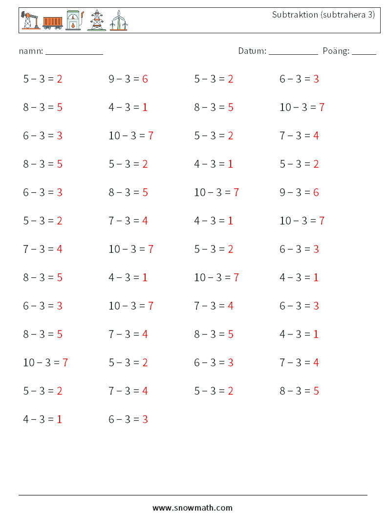 (50) Subtraktion (subtrahera 3) Matematiska arbetsblad 7 Fråga, svar