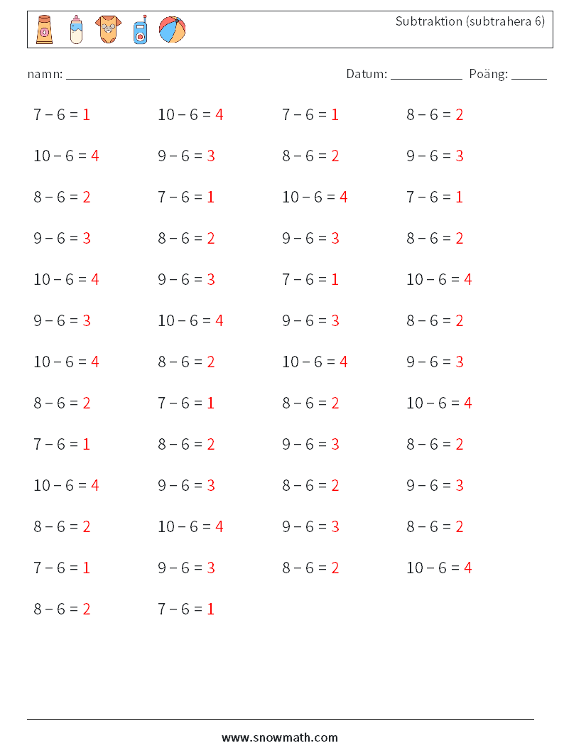 (50) Subtraktion (subtrahera 6) Matematiska arbetsblad 6 Fråga, svar