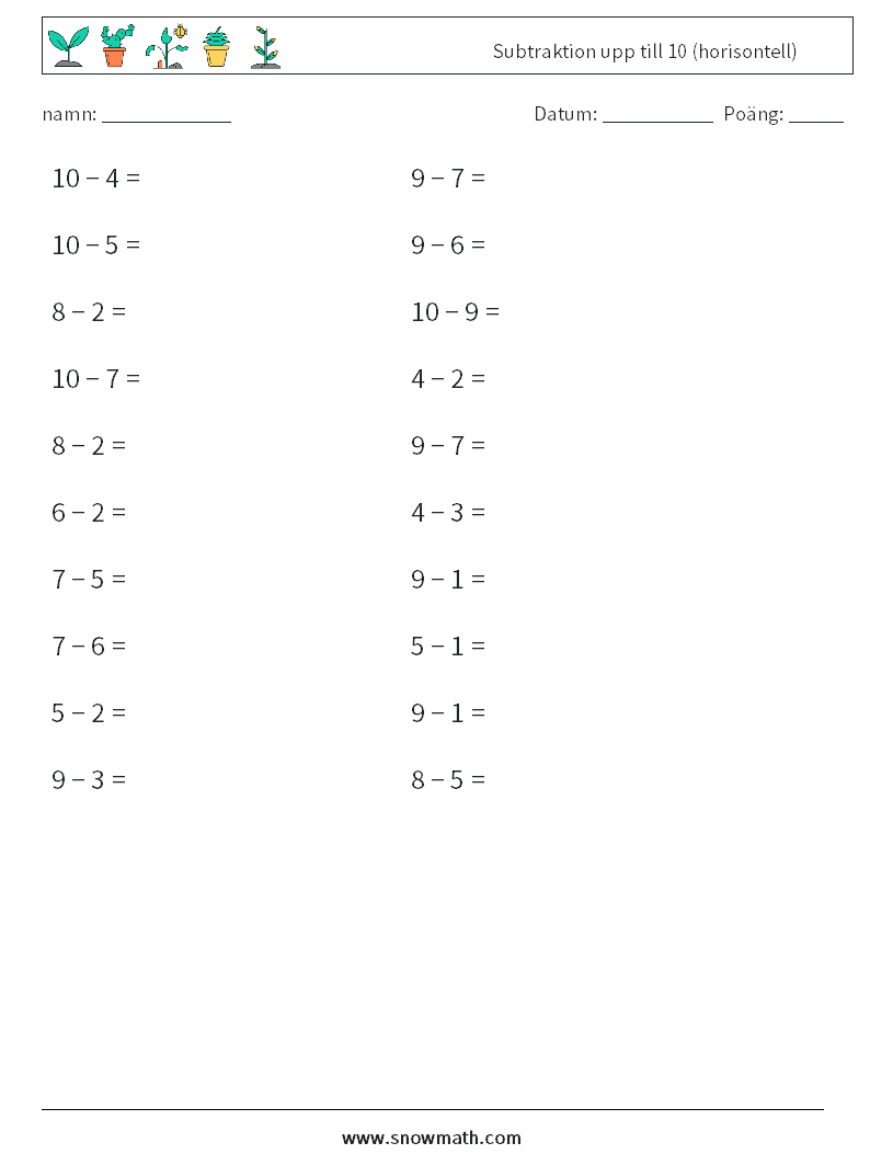 (20) Subtraktion upp till 10 (horisontell)