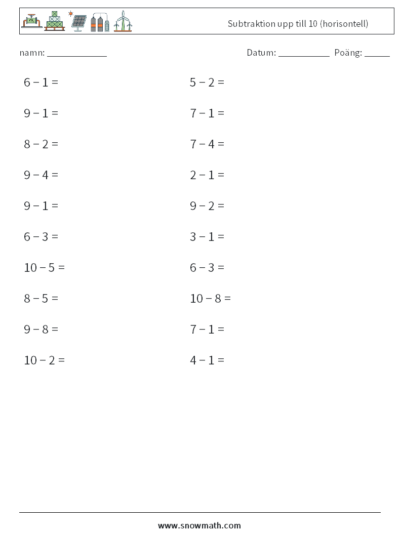 (20) Subtraktion upp till 10 (horisontell) Matematiska arbetsblad 2