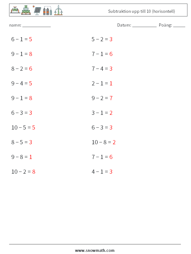 (20) Subtraktion upp till 10 (horisontell) Matematiska arbetsblad 2 Fråga, svar