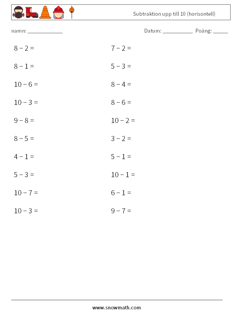 (20) Subtraktion upp till 10 (horisontell) Matematiska arbetsblad 3