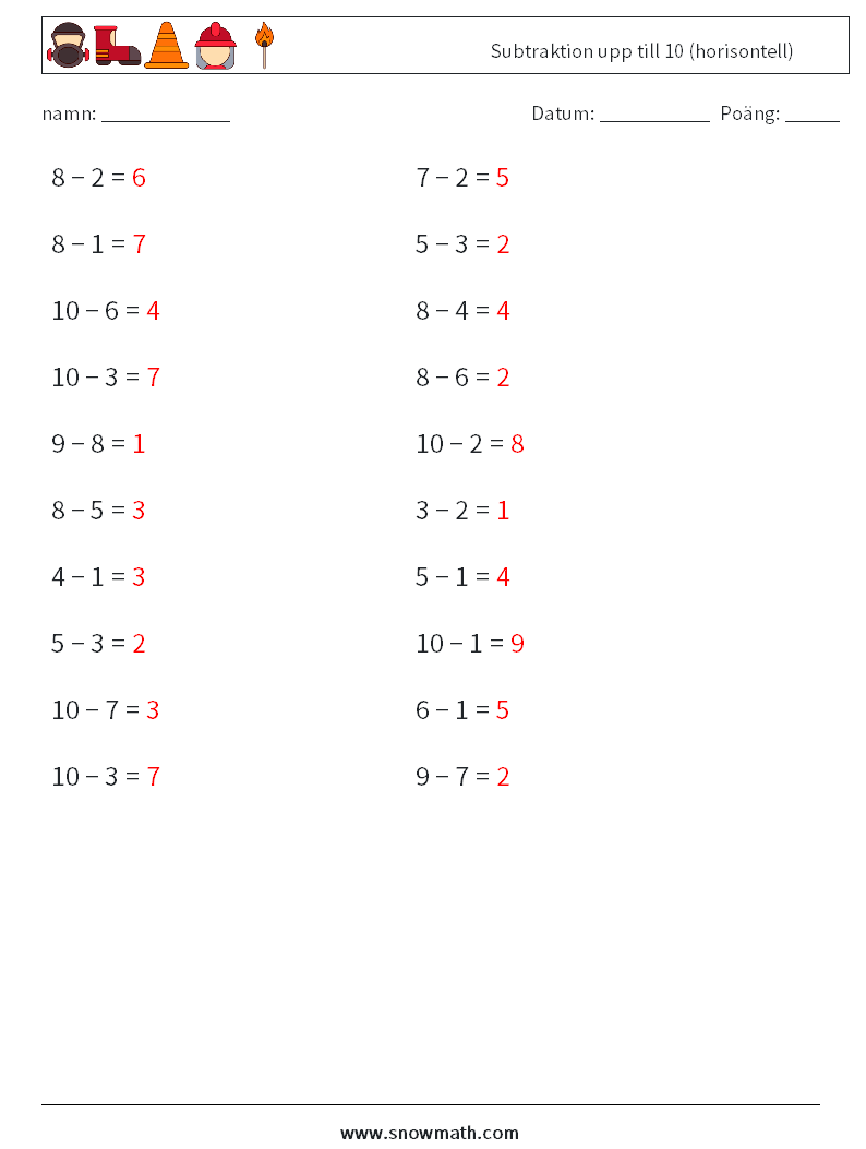 (20) Subtraktion upp till 10 (horisontell) Matematiska arbetsblad 3 Fråga, svar
