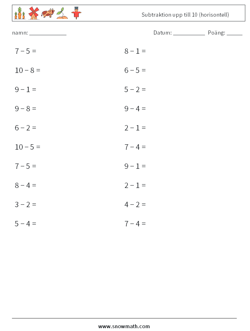 (20) Subtraktion upp till 10 (horisontell) Matematiska arbetsblad 4