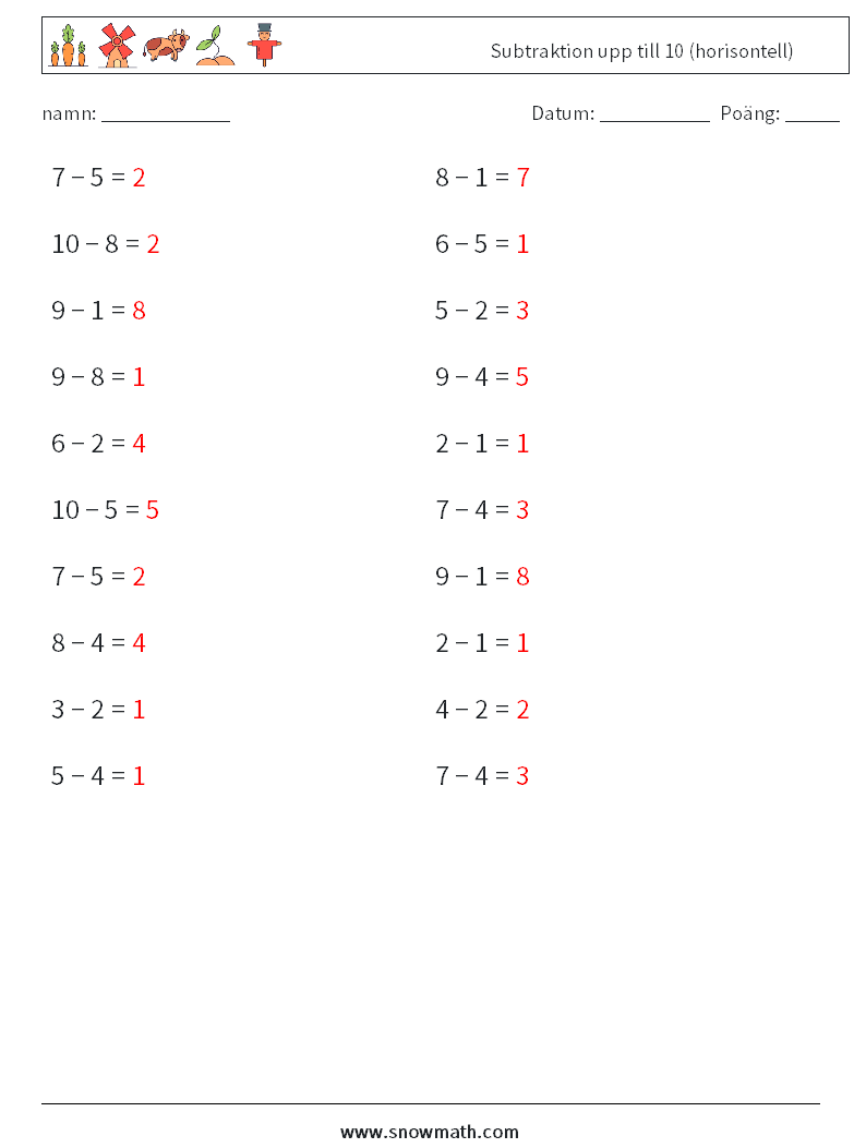 (20) Subtraktion upp till 10 (horisontell) Matematiska arbetsblad 4 Fråga, svar