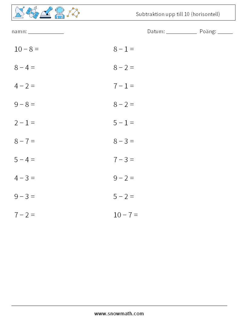 (20) Subtraktion upp till 10 (horisontell) Matematiska arbetsblad 5