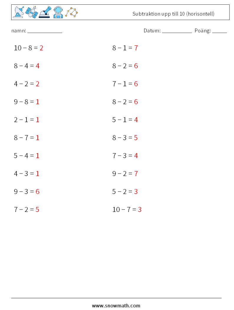 (20) Subtraktion upp till 10 (horisontell) Matematiska arbetsblad 5 Fråga, svar